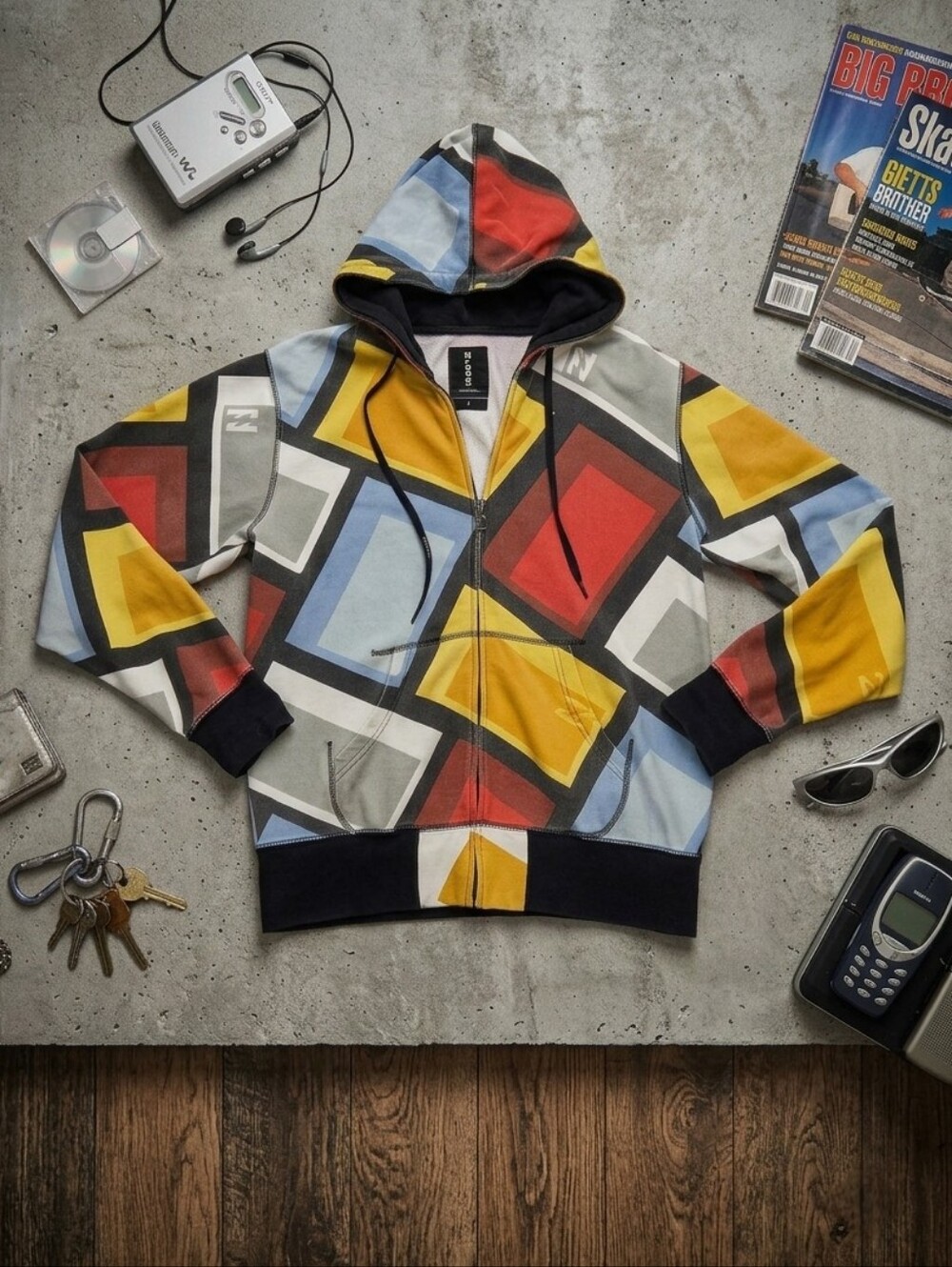 VTG Y2K Billabong Geometric Colorblock Full Zip Mask Hoodie Size L Retro Surfing